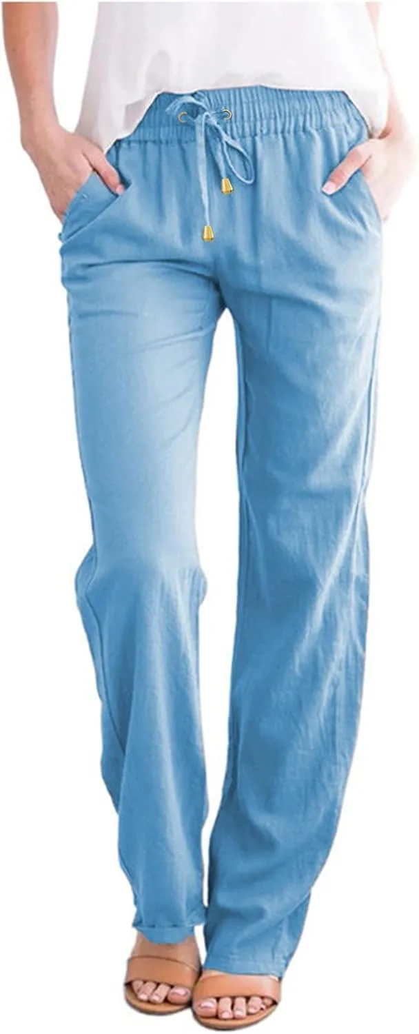 Women's Linen Summer Y2K Fashion Palazzo Pants Elastic Waisted Straight Plus Size Trouser Vacation