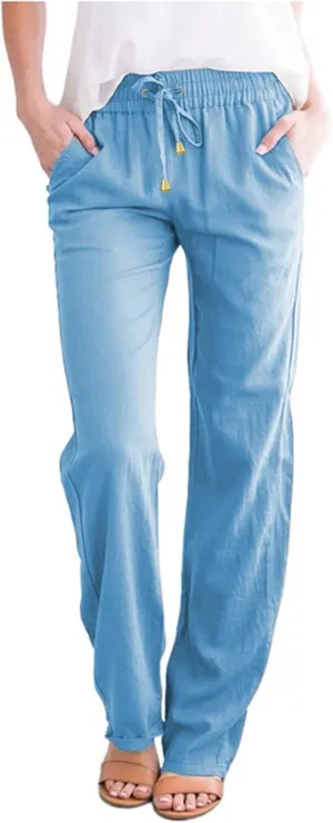 Women's Linen Summer Y2K Fashion Palazzo Pants Elastic Waisted Straight Plus Size Trouser Vacation