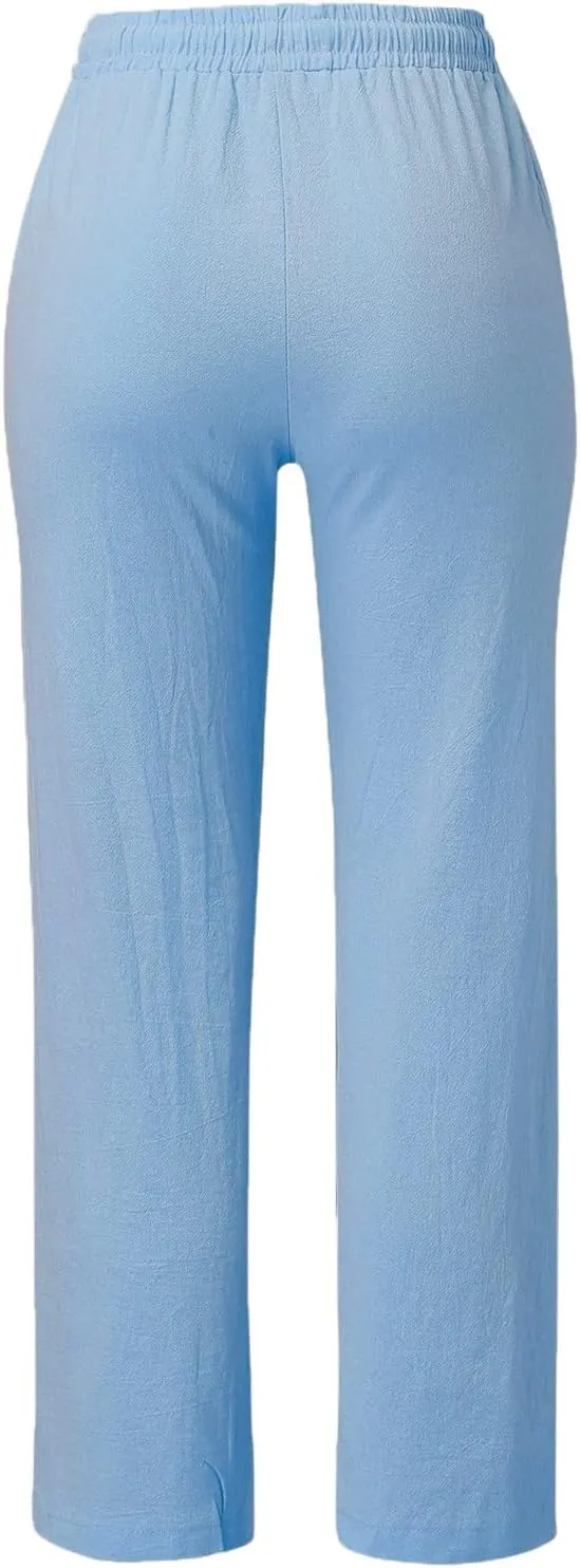 Women's Linen Summer Y2K Fashion Palazzo Pants Elastic Waisted Straight Plus Size Trouser Vacation