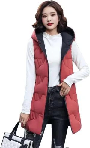 Women's Long Hooded Cotton Vest Padded Waistcoat Double-Sided Down Warm Winter Vest