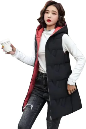 Women's Long Hooded Cotton Vest Padded Waistcoat Double-Sided Down Warm Winter Vest