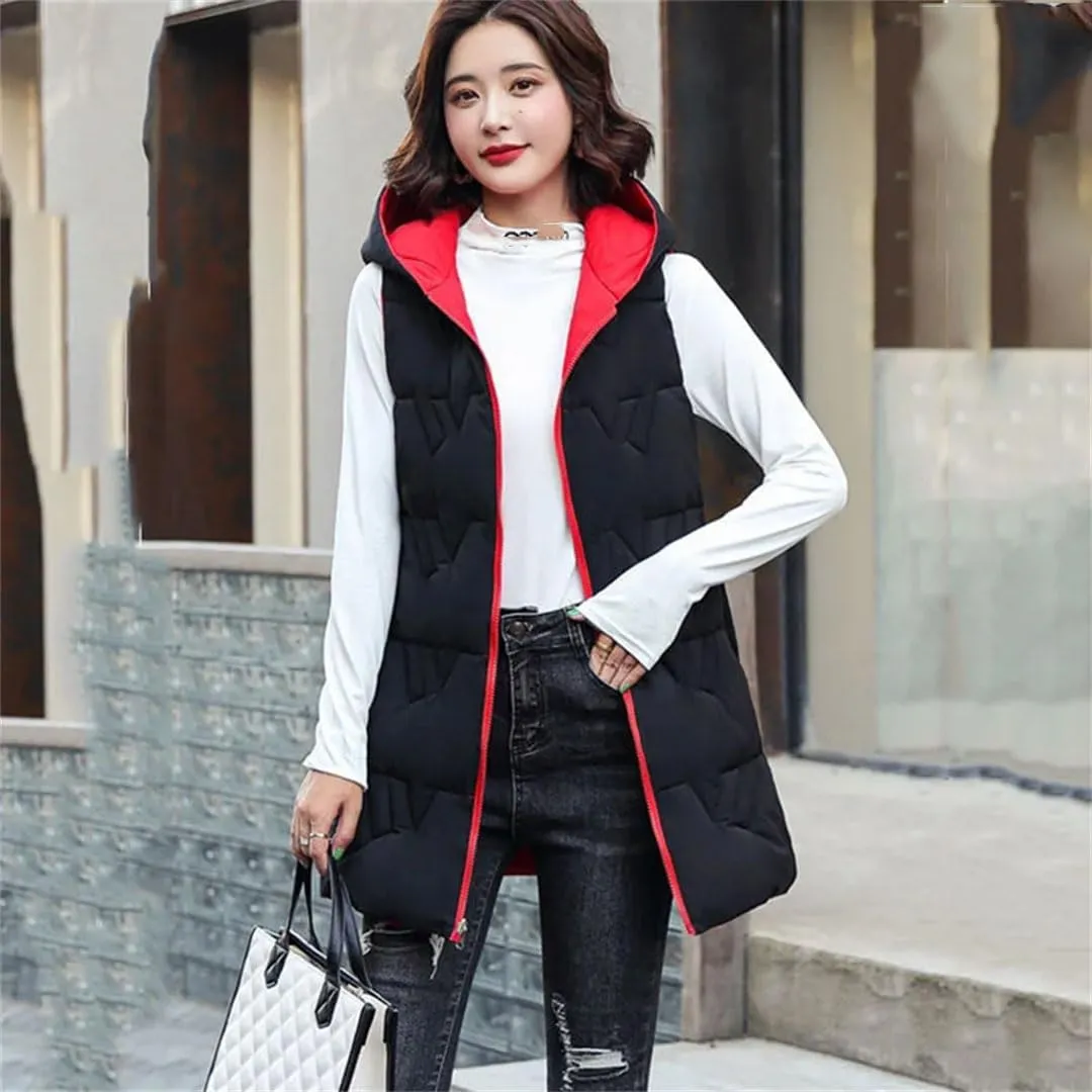 Women's Long Hooded Cotton Vest Padded Waistcoat Double-Sided Down Warm Winter Vest