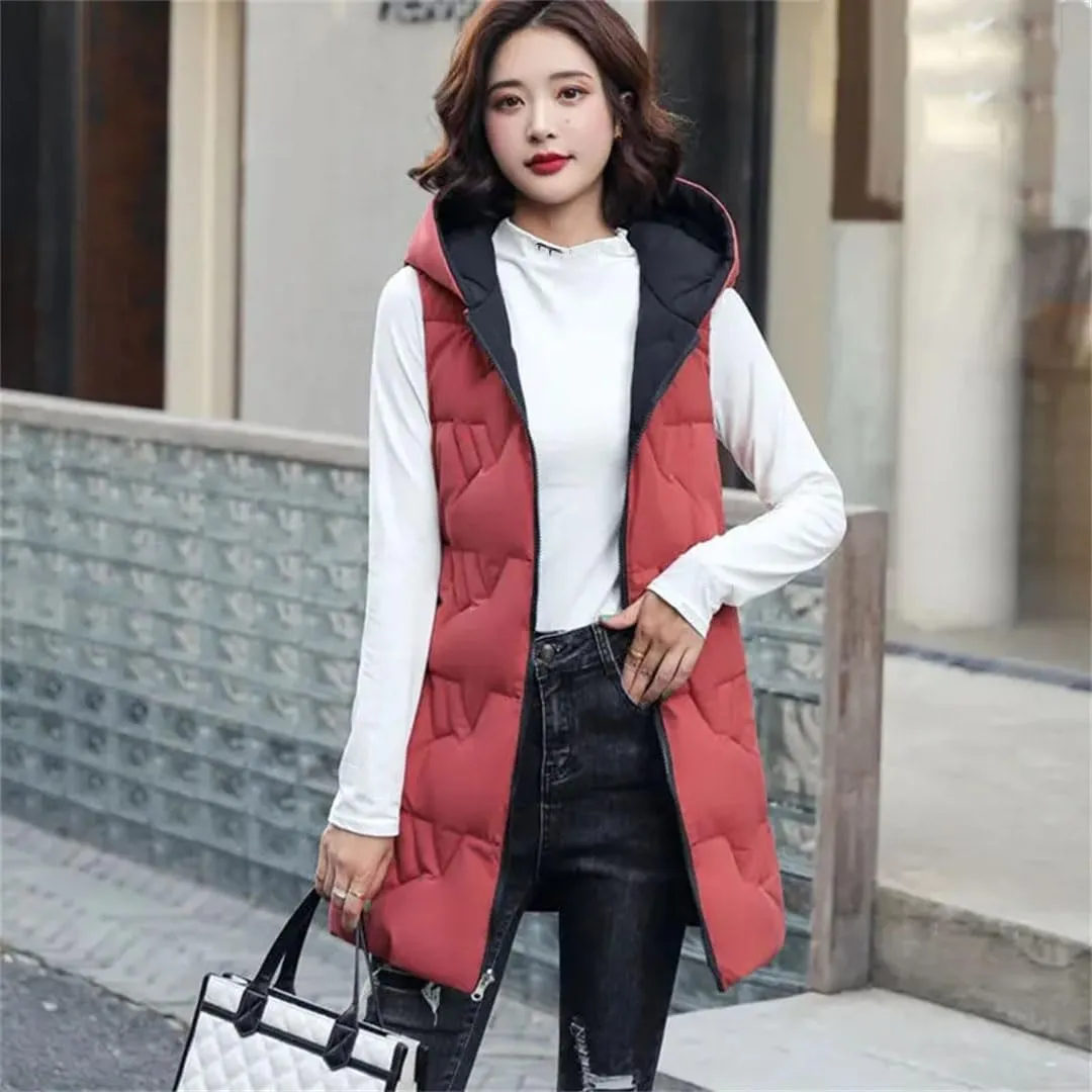 Women's Long Hooded Cotton Vest Padded Waistcoat Double-Sided Down Warm Winter Vest
