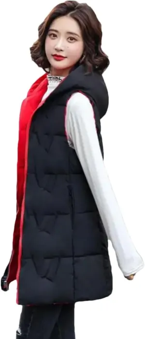 Women's Long Hooded Cotton Vest Padded Waistcoat Double-Sided Down Warm Winter Vest