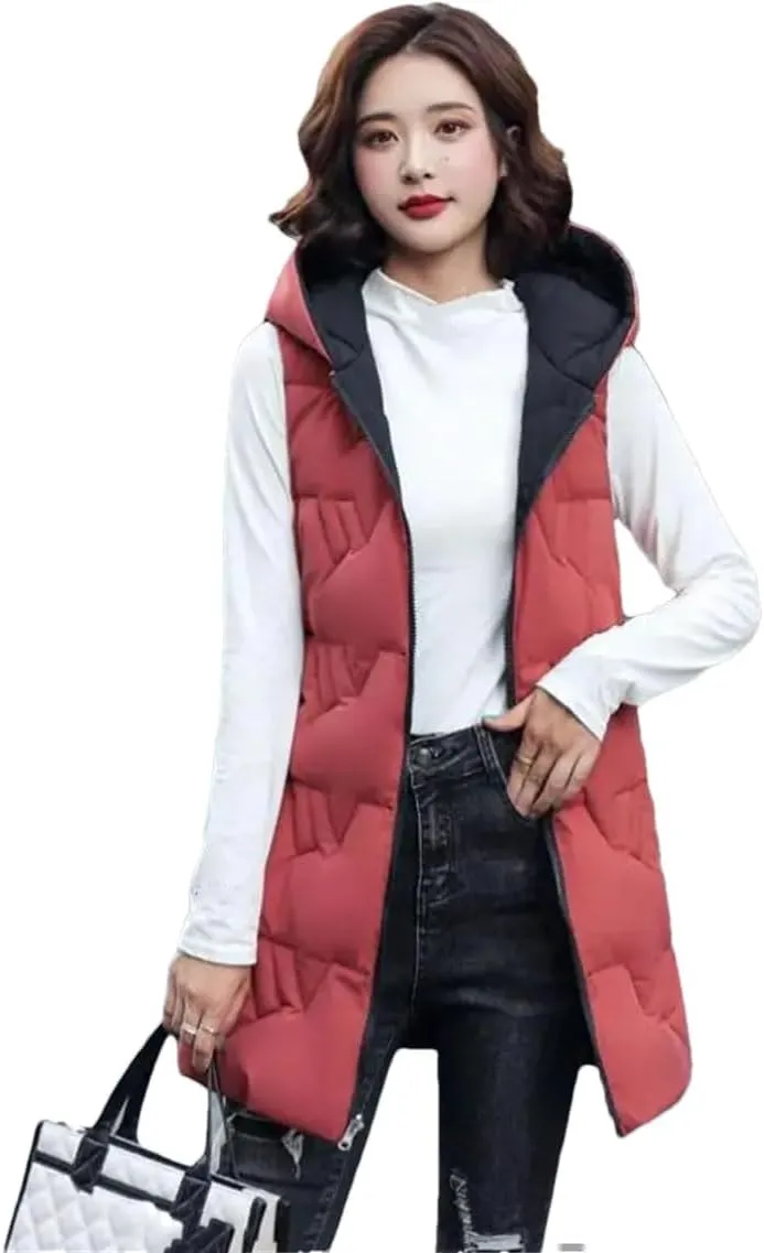 Women's Long Hooded Cotton Vest Padded Waistcoat Double-Sided Down Warm Winter Vest