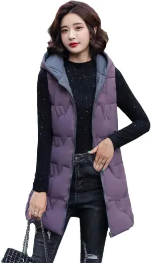 Women's Long Hooded Cotton Vest Padded Waistcoat Double-Sided Down Warm Winter Vest