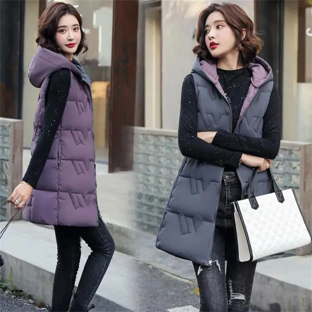 Women's Long Hooded Cotton Vest Padded Waistcoat Double-Sided Down Warm Winter Vest