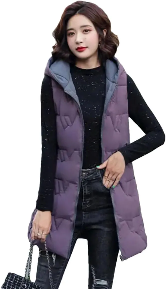 Women's Long Hooded Cotton Vest Padded Waistcoat Double-Sided Down Warm Winter Vest