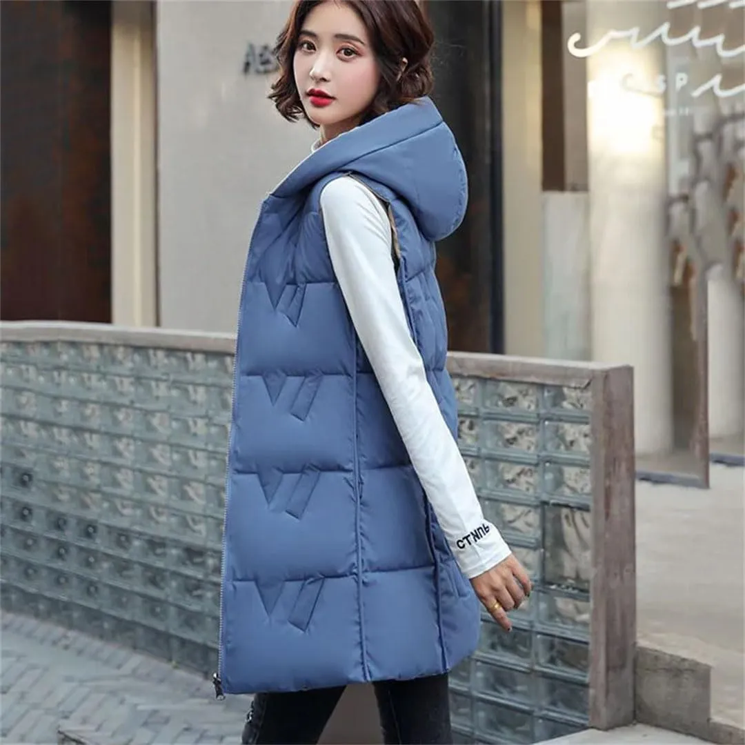 Women's Long Hooded Cotton Vest Padded Waistcoat Double-Sided Down Warm Winter Vest