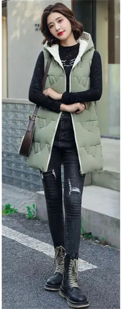 Women's Long Hooded Cotton Vest Padded Waistcoat Double-Sided Down Warm Winter Vest