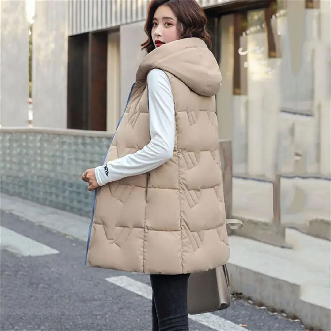 Women's Long Hooded Cotton Vest Padded Waistcoat Double-Sided Down Warm Winter Vest