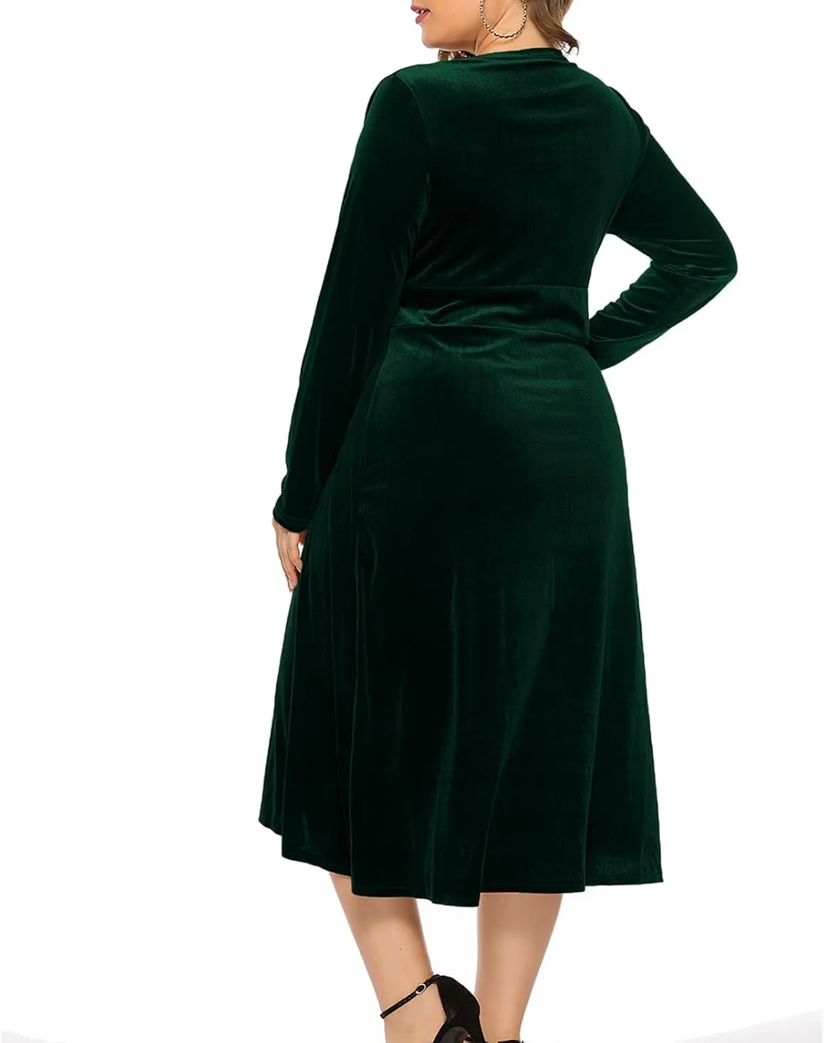 Women's Long Sleeve V Neck Velvet Midi Dress A-line Ruffle Elegant Cocktail Party Dress Plus Size Flare Dresses