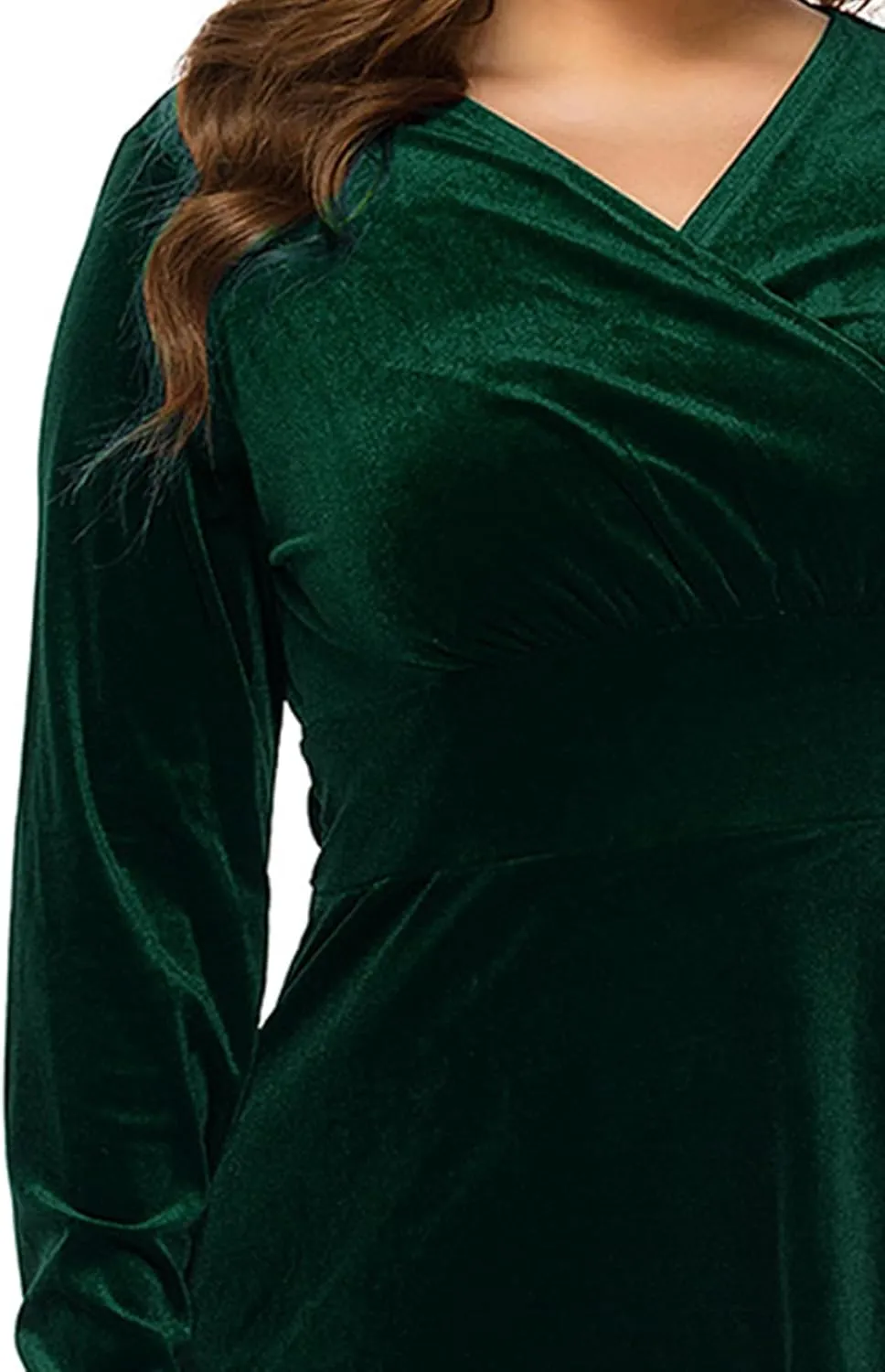 Women's Long Sleeve V Neck Velvet Midi Dress A-line Ruffle Elegant Cocktail Party Dress Plus Size Flare Dresses