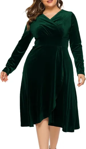 Women's Long Sleeve V Neck Velvet Midi Dress A-line Ruffle Elegant Cocktail Party Dress Plus Size Flare Dresses