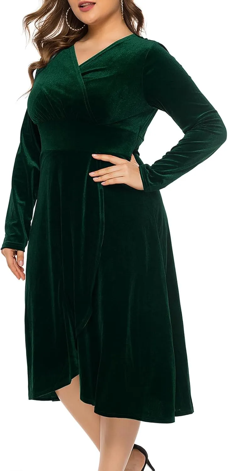 Women's Long Sleeve V Neck Velvet Midi Dress A-line Ruffle Elegant Cocktail Party Dress Plus Size Flare Dresses