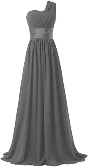 Women's One Shoulder Chiffon Long Evening Dress Floor Length Trailing Bridesmaid Gown