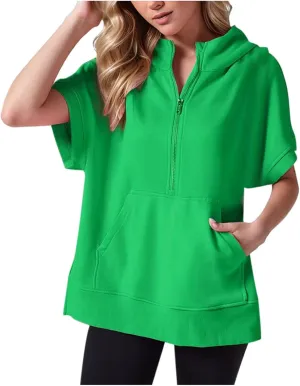 Womens Oversized Half Zip Hoodies Short Sleeve Casual Sweatshirts Pullover Tops with Pockets Loose 2024 Clothes