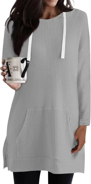 Women's Oversized Hoodie Dress Side Slits Waffle Knit Sweatshirt Casual Long Sleeve Drawstring Tops with Kangaroo Pocket