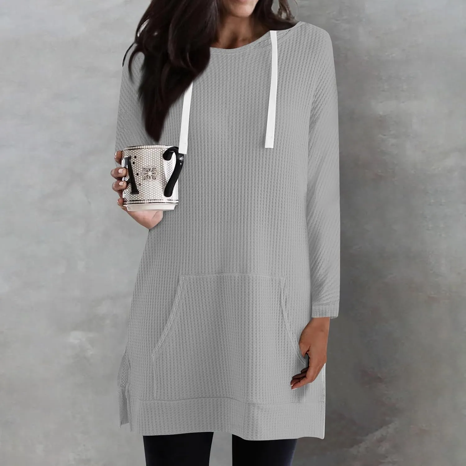 Women's Oversized Hoodie Dress Side Slits Waffle Knit Sweatshirt Casual Long Sleeve Drawstring Tops with Kangaroo Pocket