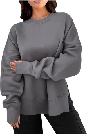 Womens Oversized Hoodies Casual Loose Fall Crewneck Sweatshirts Long Sleeve Trendy Pullover Tops Side Slit