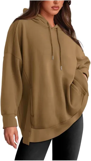 Womens Oversized Solid Color Hoodies Loose Drawstring Long Sleeve Pocket Sweatshirts Fall Winter Casual Pullover