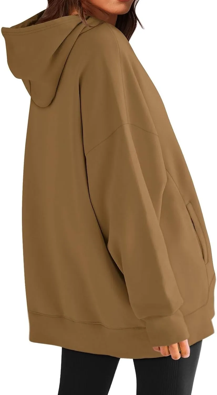 Womens Oversized Solid Color Hoodies Loose Drawstring Long Sleeve Pocket Sweatshirts Fall Winter Casual Pullover