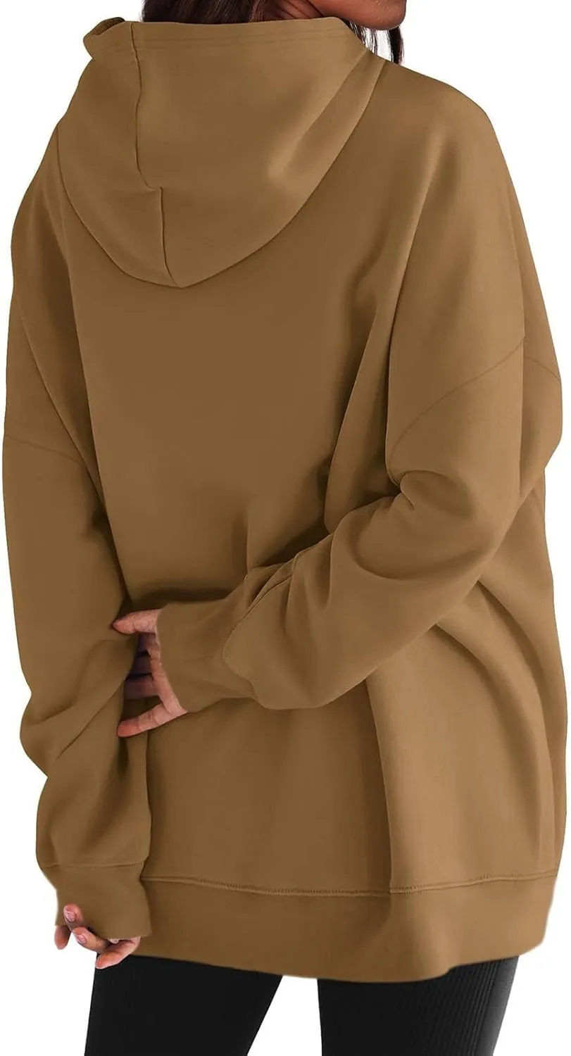 Womens Oversized Solid Color Hoodies Loose Drawstring Long Sleeve Pocket Sweatshirts Fall Winter Casual Pullover