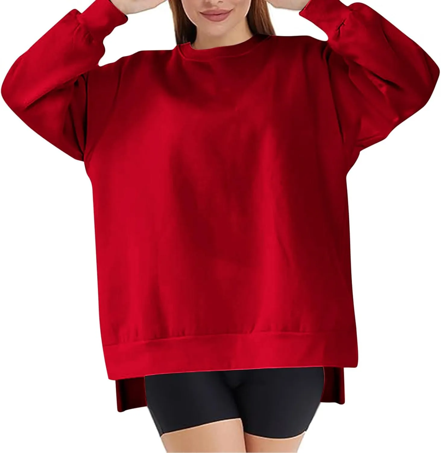 Women's Oversized Sweatshirts Solid Color Long Sleeve Crewneck Hoodies Side Slit Lightweight Pullovers Dailywear