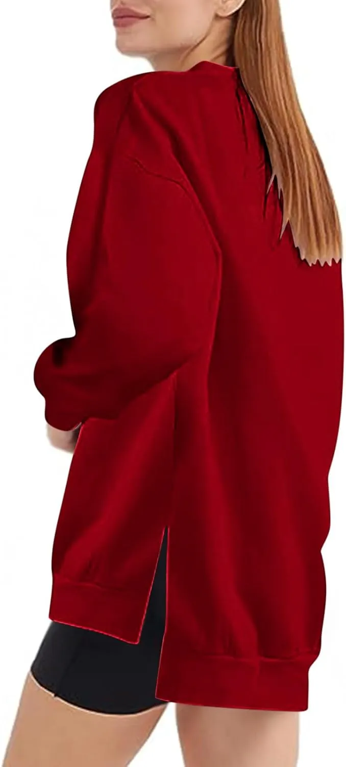 Women's Oversized Sweatshirts Solid Color Long Sleeve Crewneck Hoodies Side Slit Lightweight Pullovers Dailywear