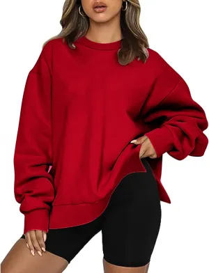 Women's Oversized Sweatshirts Solid Color Long Sleeve Crewneck Hoodies Side Slit Lightweight Pullovers Dailywear