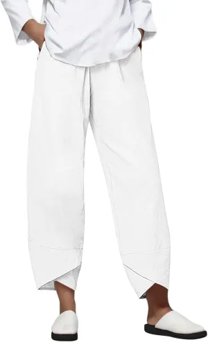 Womens Pants Casual Cotton Linen Plus Size Elastic Waist Capris Summer Loose Lightweight Cropped Pants with Pockets