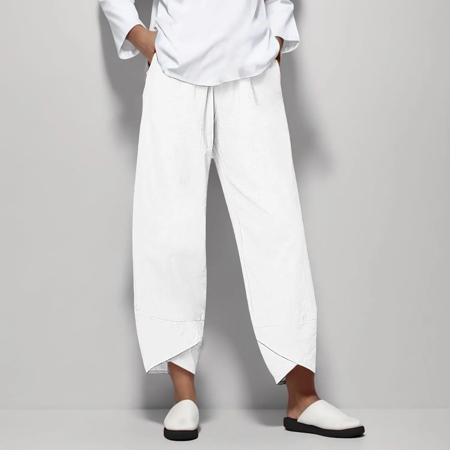 Womens Pants Casual Cotton Linen Plus Size Elastic Waist Capris Summer Loose Lightweight Cropped Pants with Pockets