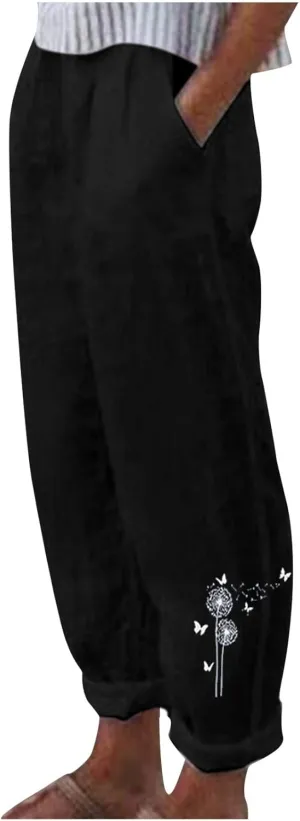 Womens Pants Casual Floral Printed Plus Size Capris Loose Fitting Joggers Lightweight Cropped Pants with Pockets