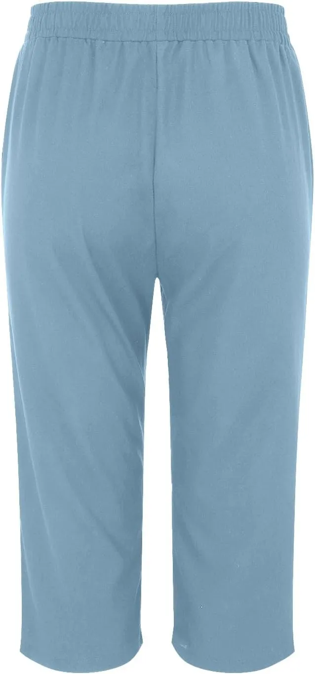 Women's Pants Elastic Waist Cotton Trouser Cropped Wide Leg Pants Petite on Casual Pants for Women