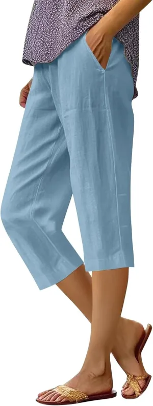 Women's Pants Elastic Waist Cotton Trouser Cropped Wide Leg Pants Petite on Casual Pants for Women