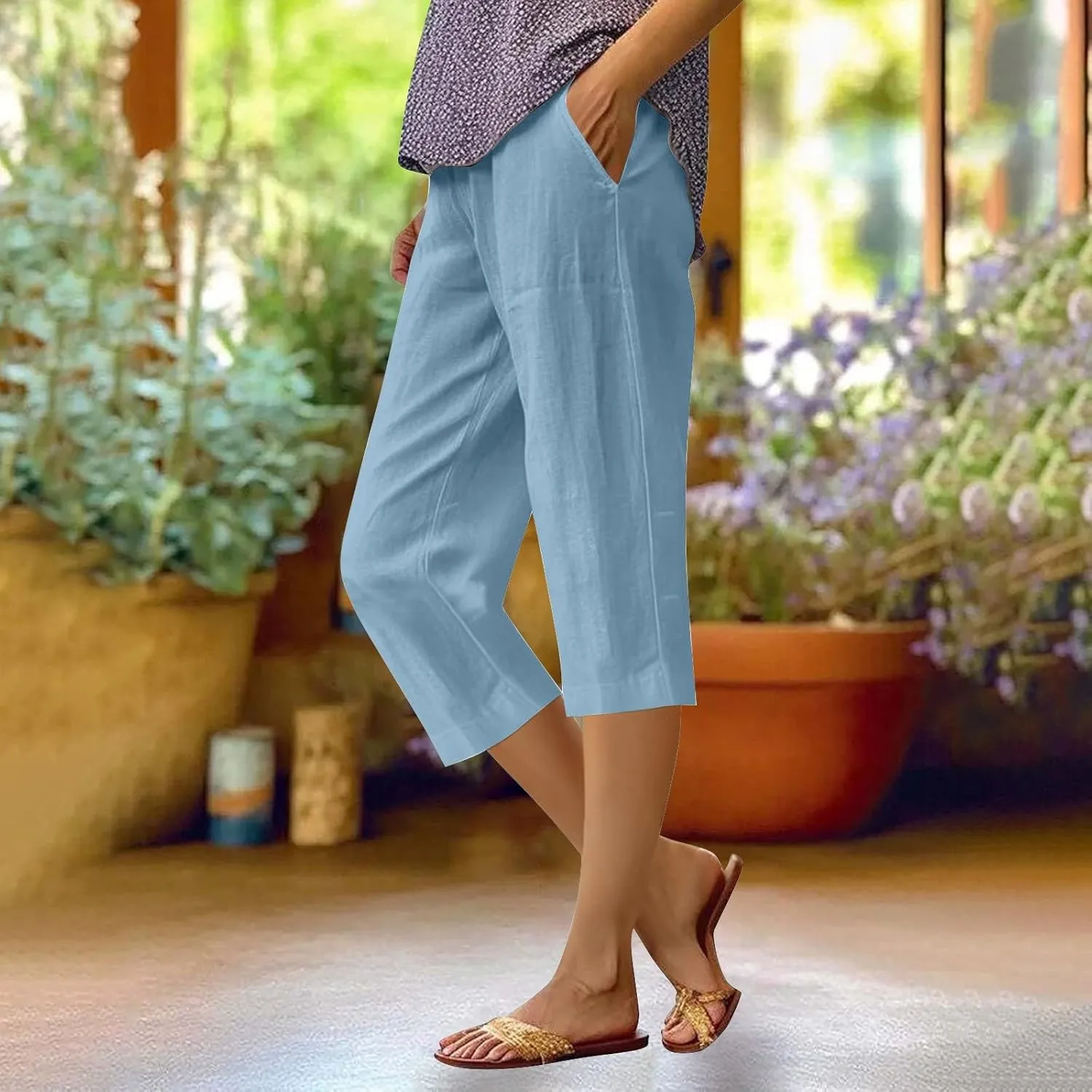 Women's Pants Elastic Waist Cotton Trouser Cropped Wide Leg Pants Petite on Casual Pants for Women