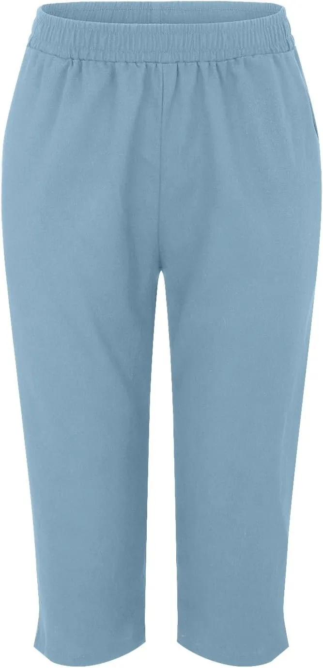 Women's Pants Elastic Waist Cotton Trouser Cropped Wide Leg Pants Petite on Casual Pants for Women