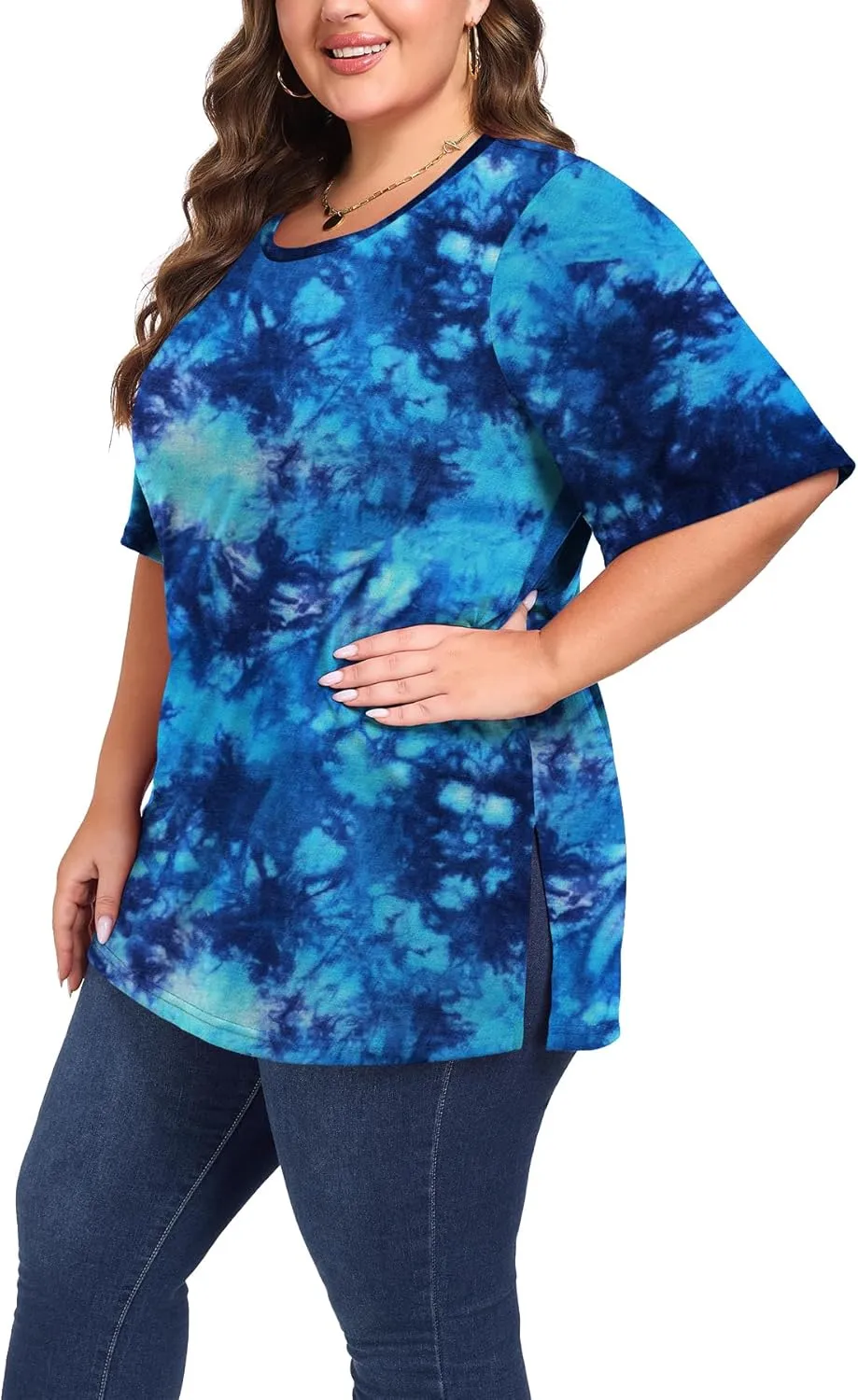 Women's Plus Size Crewneck Tops Half Sleeve Summer T-Shirt Loose Fit Blouse Casual Tunic with Side Split XL- 5XL
