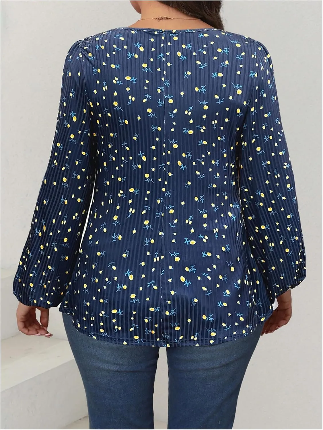 Women's Plus Size Floral Print Bow Tie T Shirt Square Neck Long Sleeve Peplum Tee Tops