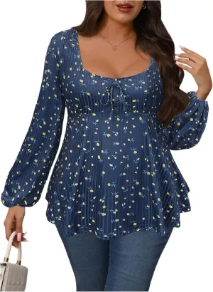 Women's Plus Size Floral Print Bow Tie T Shirt Square Neck Long Sleeve Peplum Tee Tops