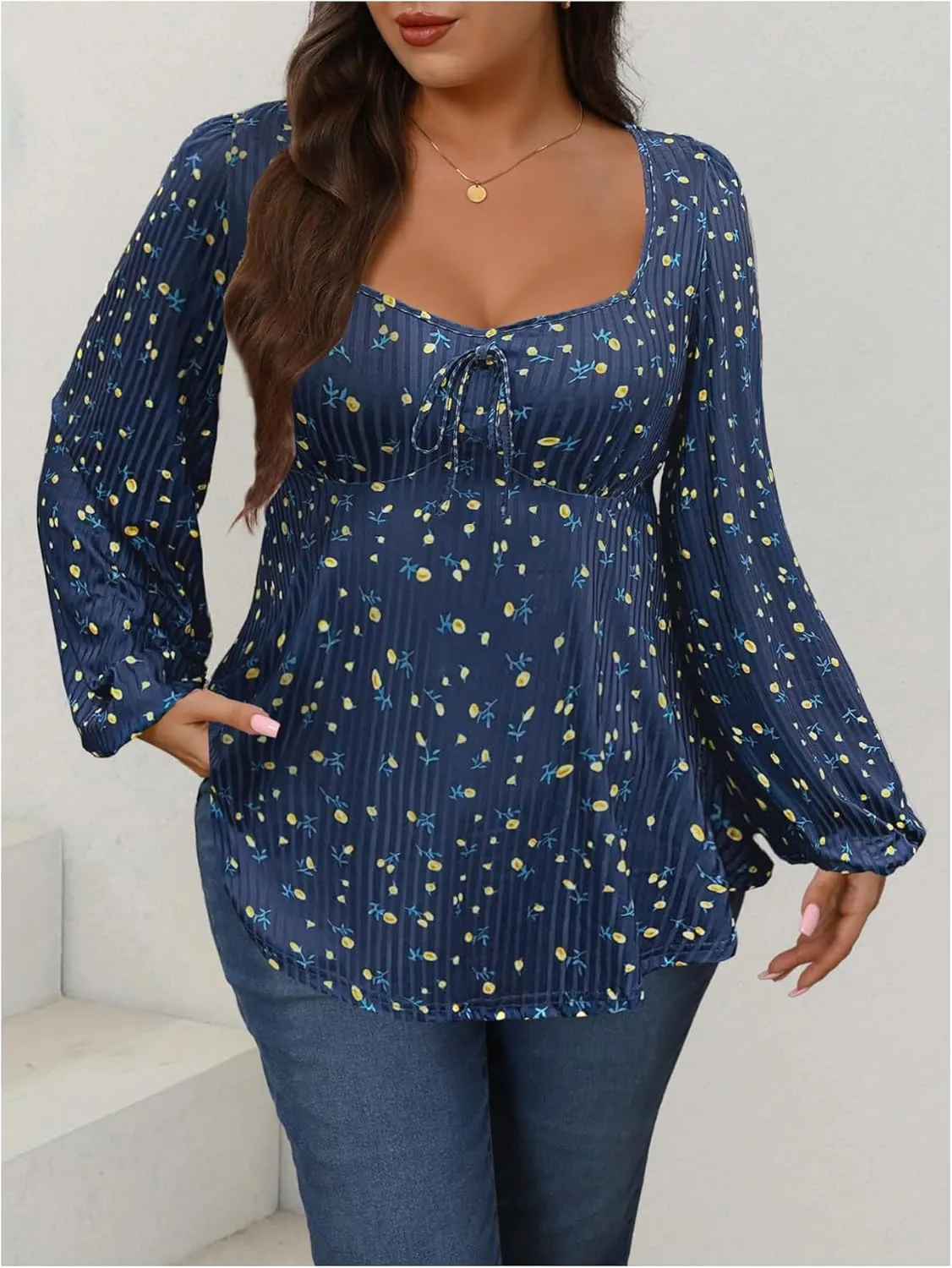 Women's Plus Size Floral Print Bow Tie T Shirt Square Neck Long Sleeve Peplum Tee Tops