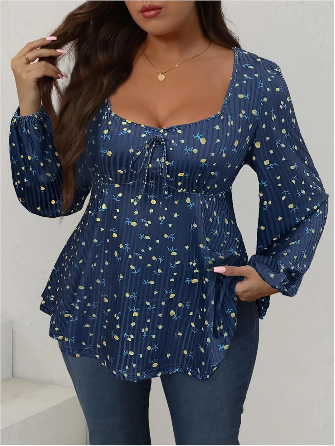 Women's Plus Size Floral Print Bow Tie T Shirt Square Neck Long Sleeve Peplum Tee Tops