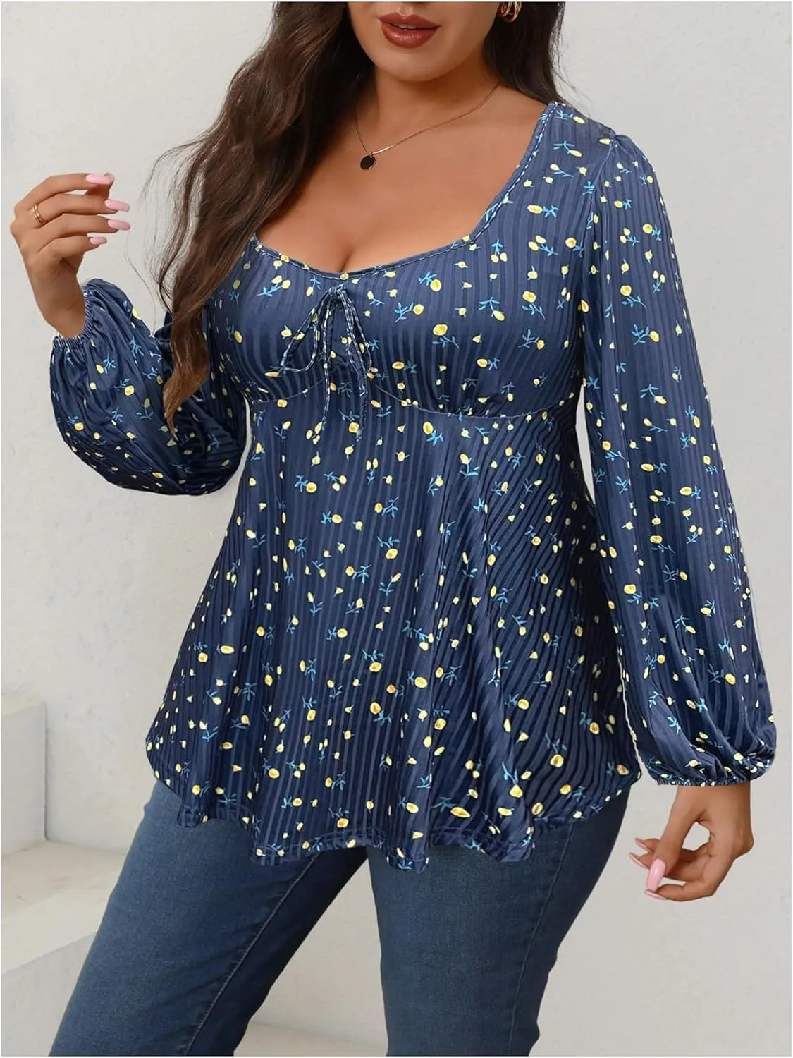 Women's Plus Size Floral Print Bow Tie T Shirt Square Neck Long Sleeve Peplum Tee Tops