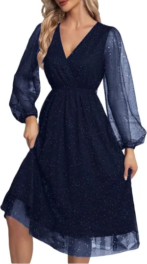 Womens Plus Size Lace Midi Dress V Neck Wrap Long Sleeve Flowy A line Cocktail Dresses for Wedding Guest