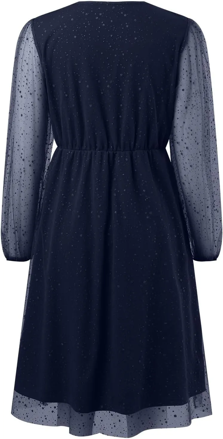 Womens Plus Size Lace Midi Dress V Neck Wrap Long Sleeve Flowy A line Cocktail Dresses for Wedding Guest