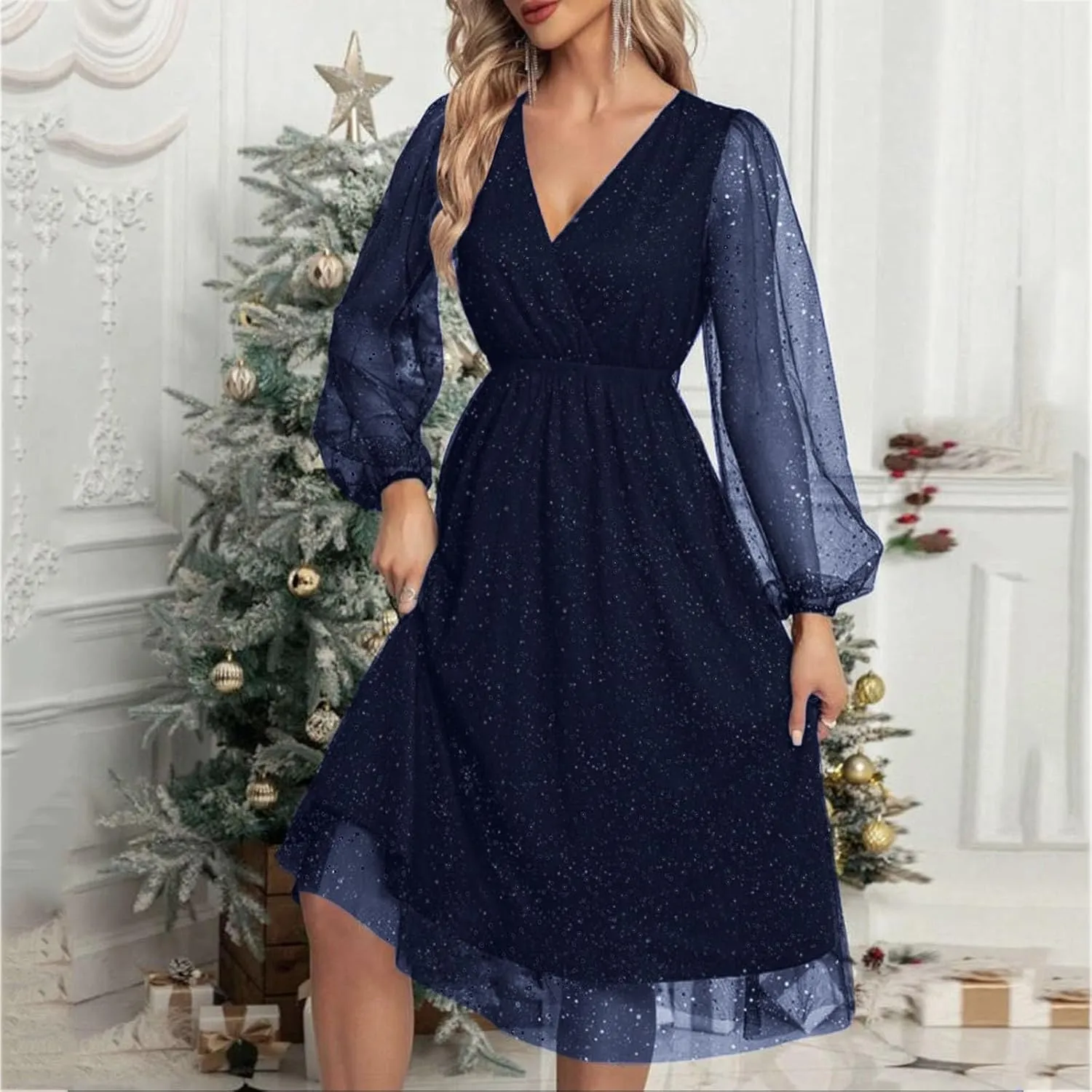 Womens Plus Size Lace Midi Dress V Neck Wrap Long Sleeve Flowy A line Cocktail Dresses for Wedding Guest