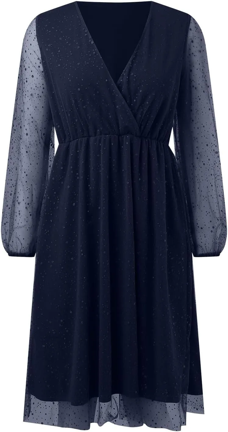 Womens Plus Size Lace Midi Dress V Neck Wrap Long Sleeve Flowy A line Cocktail Dresses for Wedding Guest