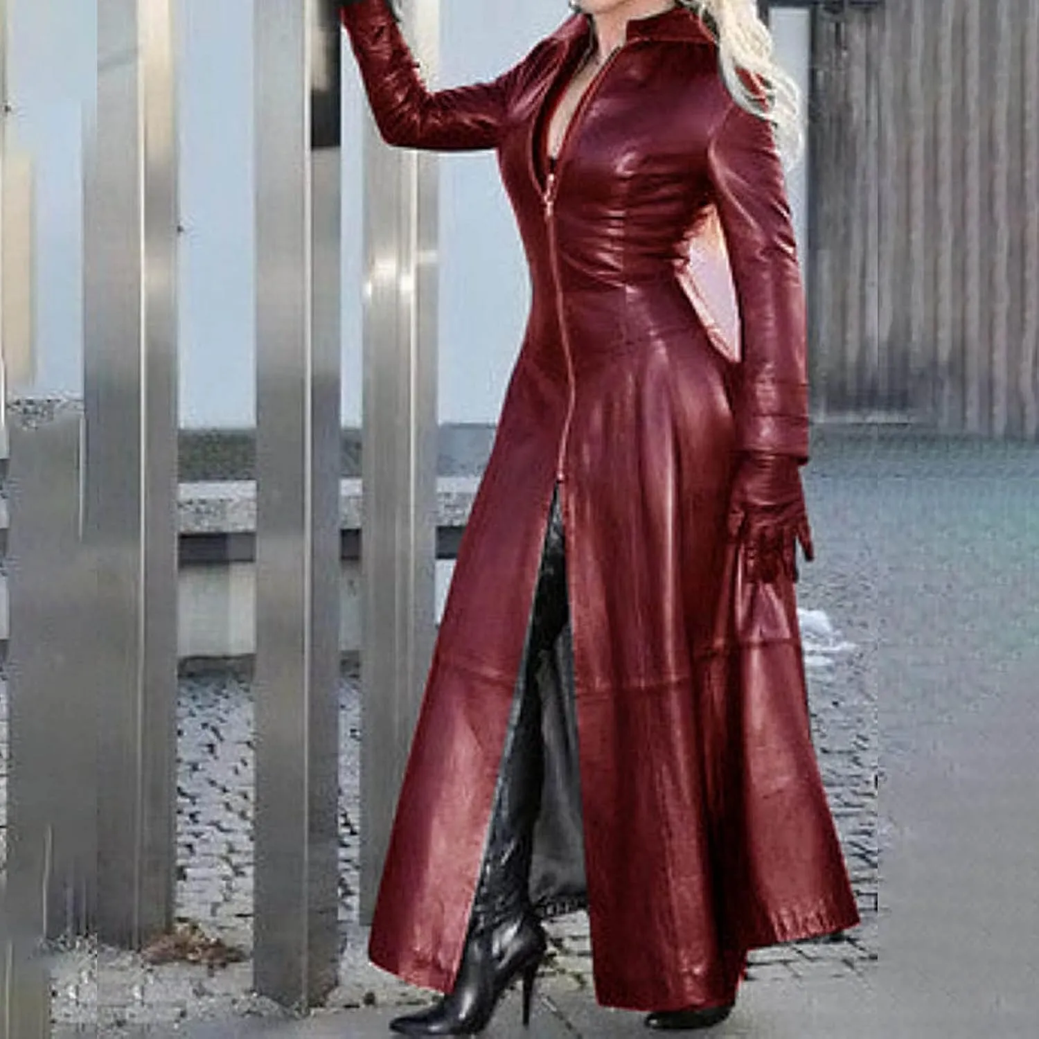 Womens PU Faux Leather Jacket Dress Lapel Long Suit Trench Coat Casual Outerwear Long Sleeve Motorcycle Biker Outwear