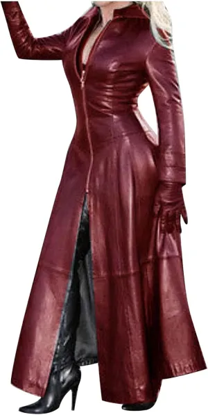 Womens PU Faux Leather Jacket Dress Lapel Long Suit Trench Coat Casual Outerwear Long Sleeve Motorcycle Biker Outwear