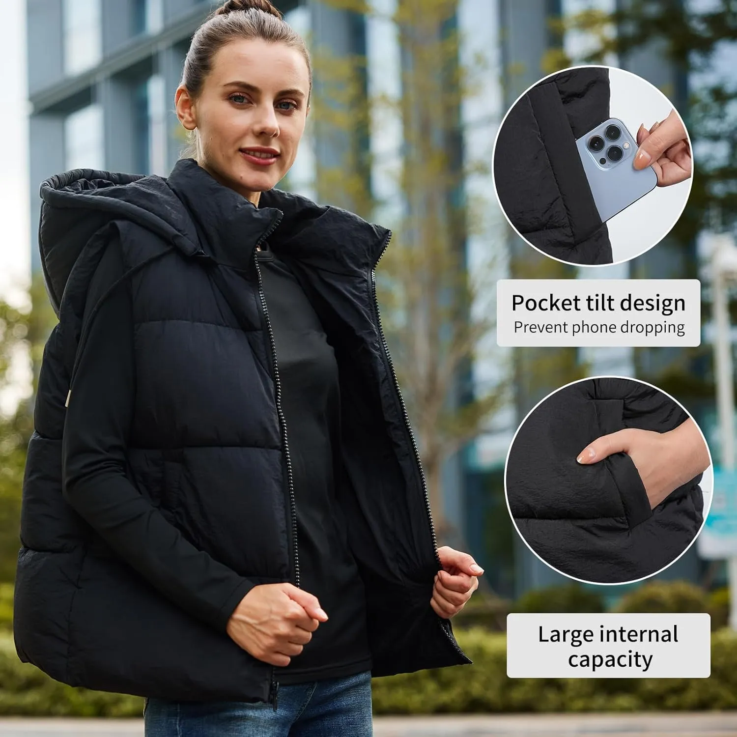 Women'S Puffer Vest With Pockets Thicken Zip Up Removable Hooded Sleeveless Winter Stand Collar Warm Gilet
